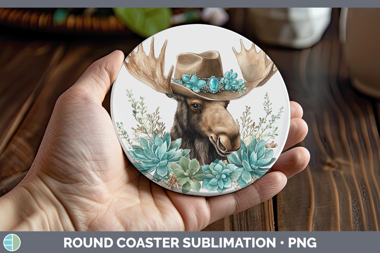 Woodland Teal Cowboy Moose Round Coaster Sublimation Coaster