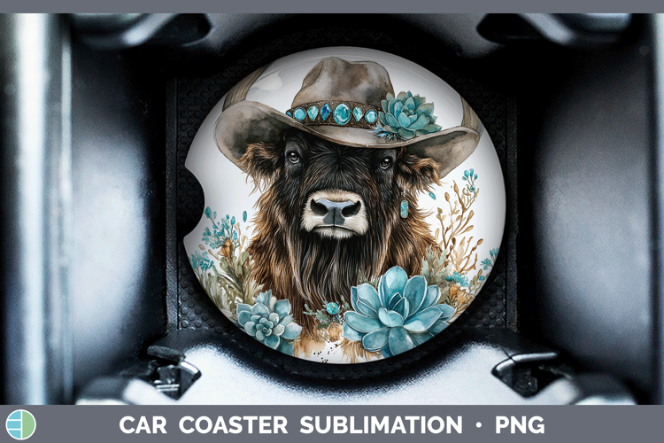 Woodland Teal Cowboy Musk Ox Car Coaster Sublimation Design