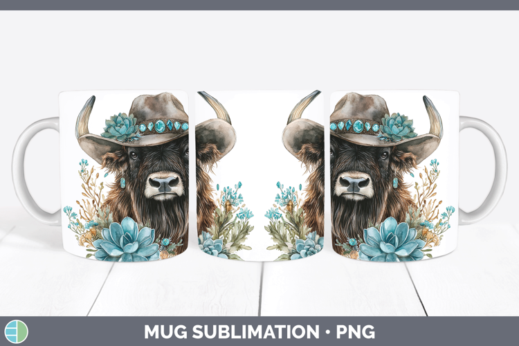 Woodland Teal Cowboy Musk Ox Mug Wrap Sublimation Coffee Cup