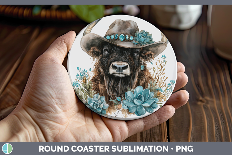 Woodland Teal Cowboy Musk Ox Round Coaster Sublimation Coast