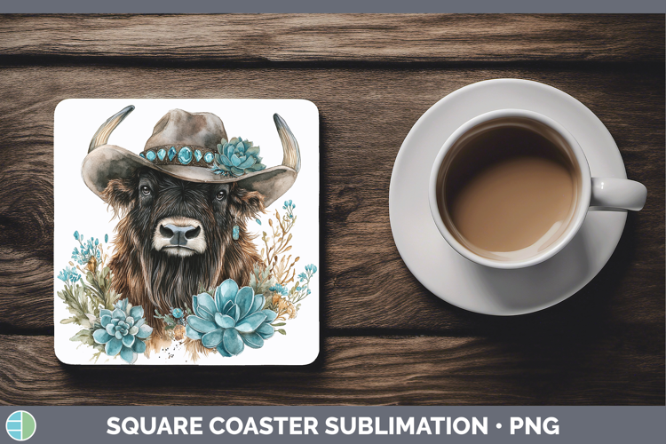 Woodland Teal Cowboy Musk Ox Square Coaster Sublimation Coas