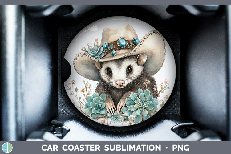 Woodland Teal Cowboy Opossum Car Coaster Sublimation Design