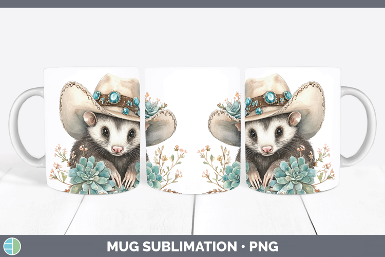 Woodland Teal Cowboy Opossum Mug Wrap Sublimation Coffee Cup
