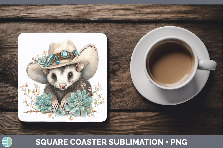 Woodland Teal Cowboy Opossum Square Coaster Sublimation Coas