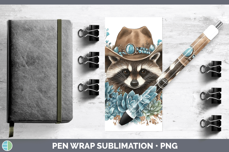 Woodland Teal Cowboy Raccoon Pen Wrap Sublimation Pen Design