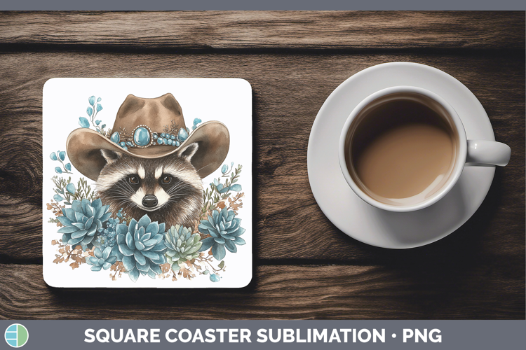 Woodland Teal Cowboy Raccoon Square Coaster Sublimation Coas