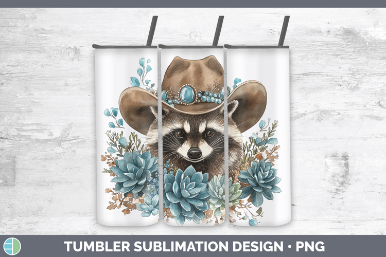 Woodland Teal Cowboy Raccoon Tumbler Sublimation 20 oz Skinn