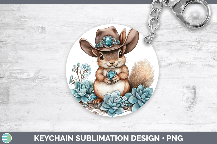 Woodland Teal Cowboy Squirrel Keychain Sublimation Keyring D