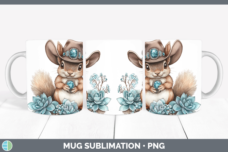 Woodland Teal Cowboy Squirrel Mug Wrap Sublimation Coffee Cu