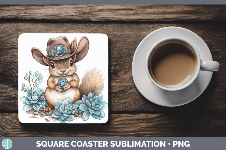 Woodland Teal Cowboy Squirrel Square Coaster Sublimation Coa