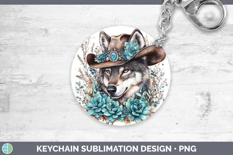 Woodland Teal Cowboy Wolf Keychain Sublimation Keyring Desig
