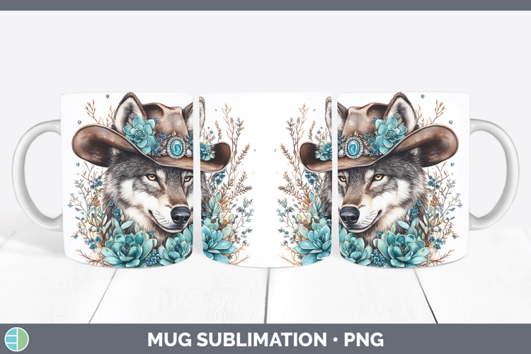 Woodland Teal Cowboy Wolf Mug Wrap Sublimation Coffee Cup De