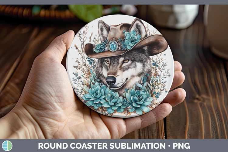 Woodland Teal Cowboy Wolf Round Coaster Sublimation Coaster