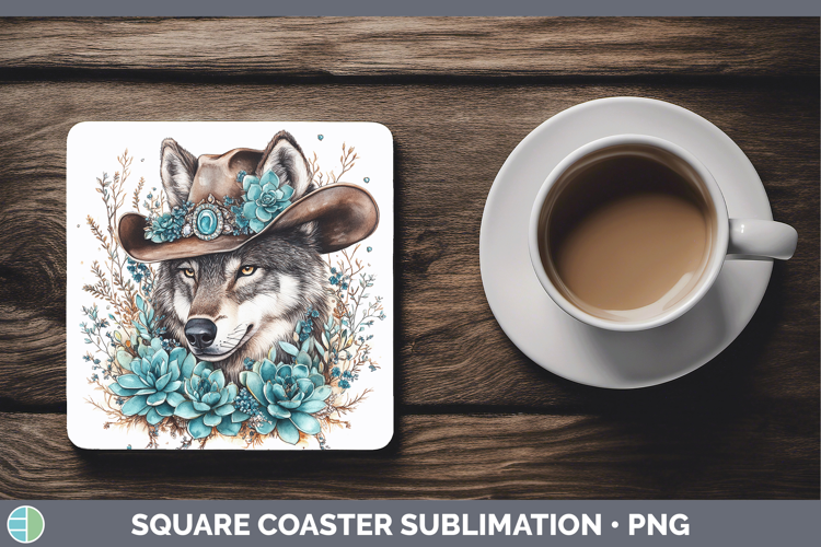Woodland Teal Cowboy Wolf Square Coaster Sublimation Coaster