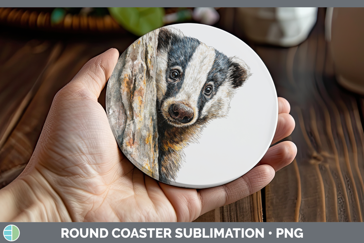 Badger Woodland Tree Peek Round Coaster Sublimation Design