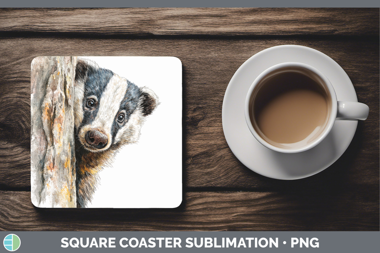 Badger Woodland Tree Peek Square Coaster Sublimation Design
