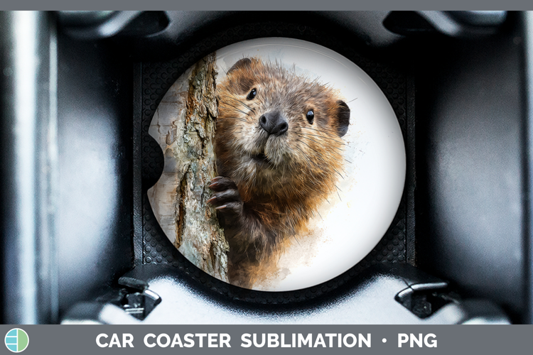 Beaver Woodland Tree Peek Car Coaster Sublimation Design