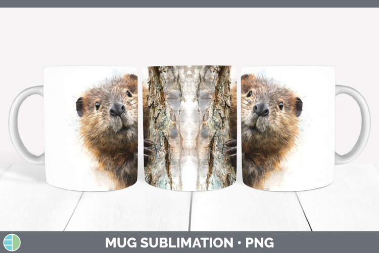 Beaver Woodland Tree Peek Mug Wrap Sublimation Design