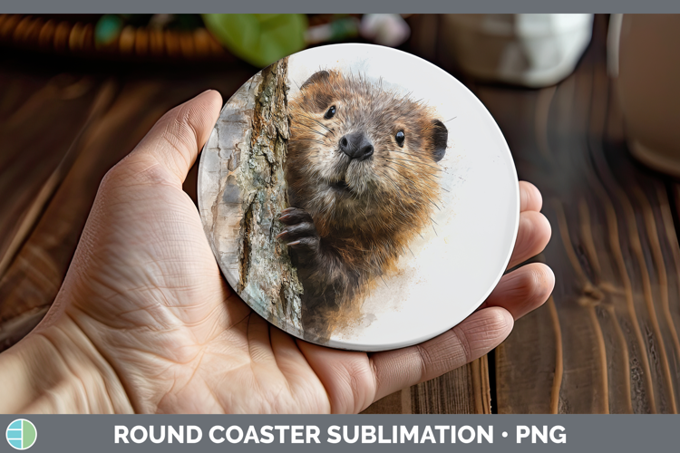Beaver Woodland Tree Peek Round Coaster Sublimation Design
