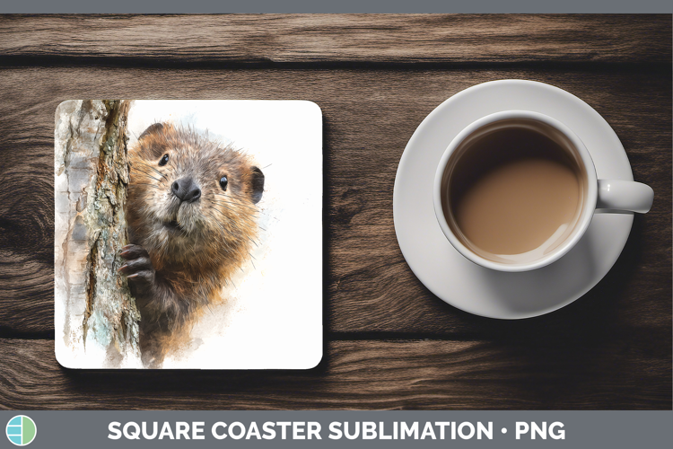 Beaver Woodland Tree Peek Square Coaster Sublimation Design