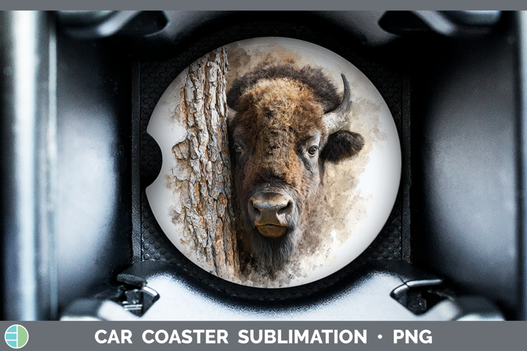 Bison Woodland Tree Peek Car Coaster Sublimation Design