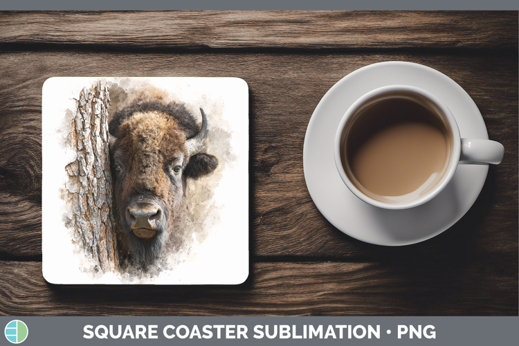Bison Woodland Tree Peek Square Coaster Sublimation Design