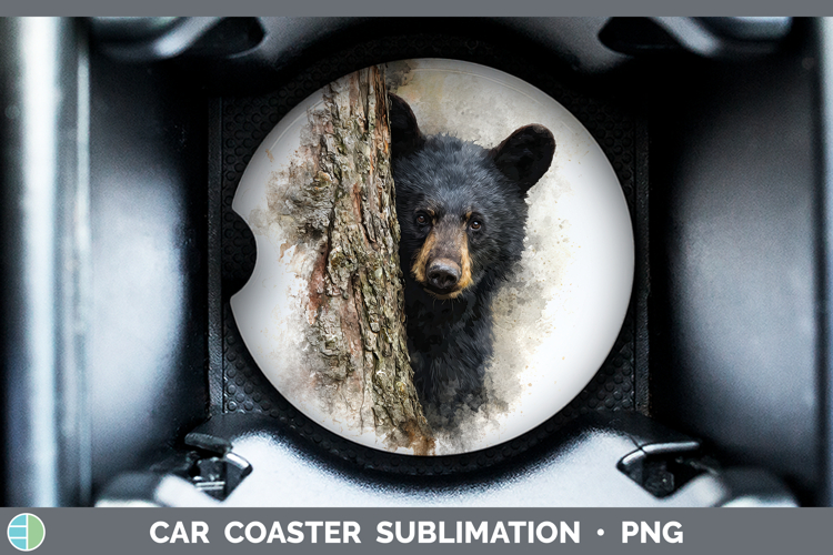 Black Bear Woodland Tree Peek Car Coaster Sublimation Design