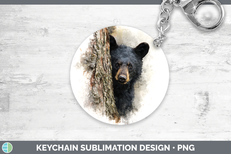 Black Bear Woodland Tree Peek Keychain Sublimation Design