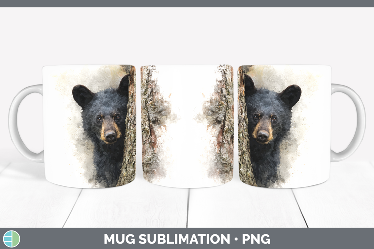 Black Bear Woodland Tree Peek Mug Wrap Sublimation Design