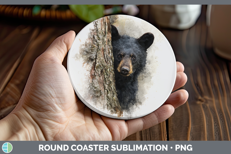 Black Bear Woodland Tree Peek Round Coaster Sublimation Desi