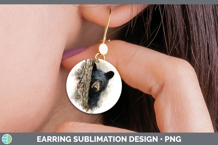 Black Bear Woodland Tree Peek Round Earrings Sublimation Des