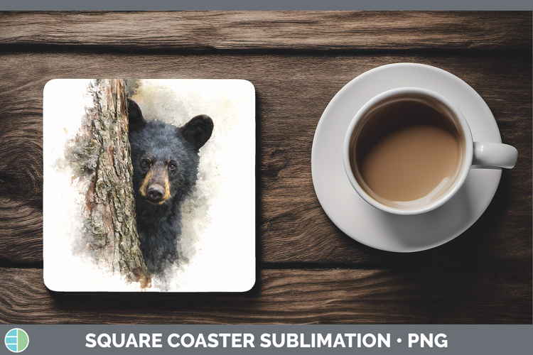 Black Bear Woodland Tree Peek Square Coaster Sublimation Des