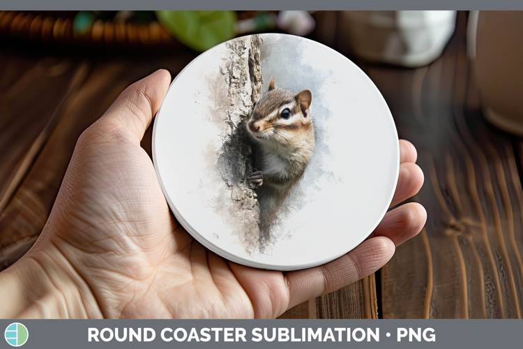 Chipmunk Woodland Tree Peek Round Coaster Sublimation Design