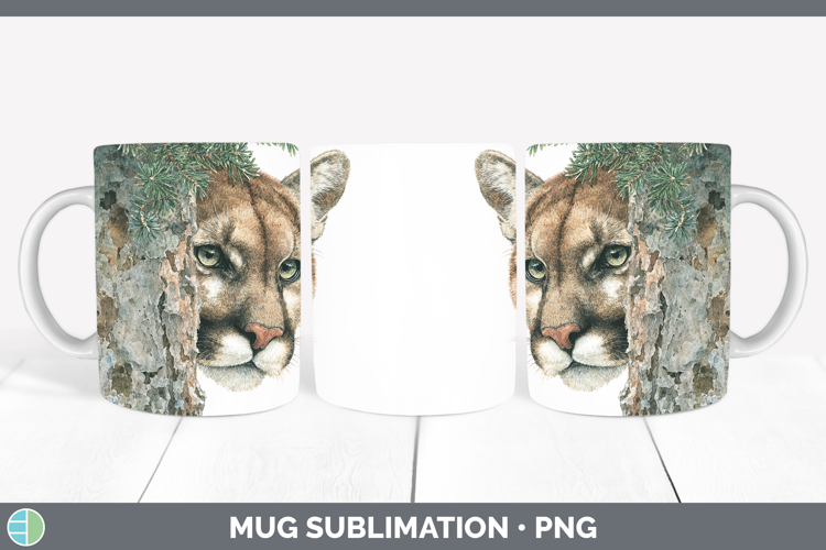 Cougar Woodland Tree Peek Mug Wrap Sublimation Design