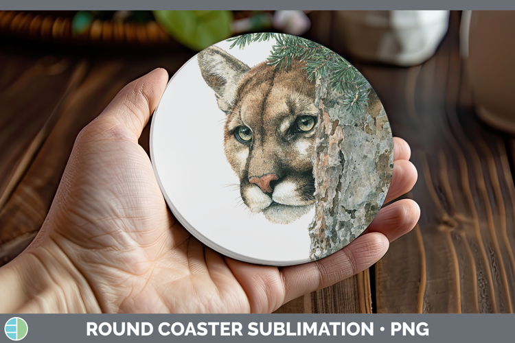 Cougar Woodland Tree Peek Round Coaster Sublimation Design