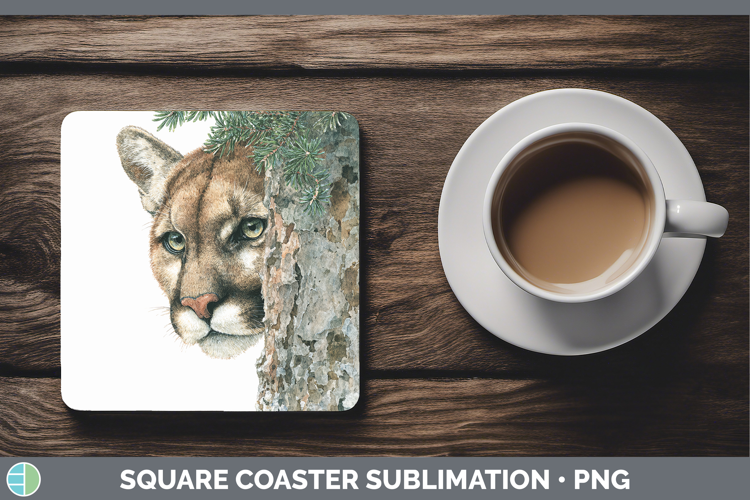 Cougar Woodland Tree Peek Square Coaster Sublimation Design