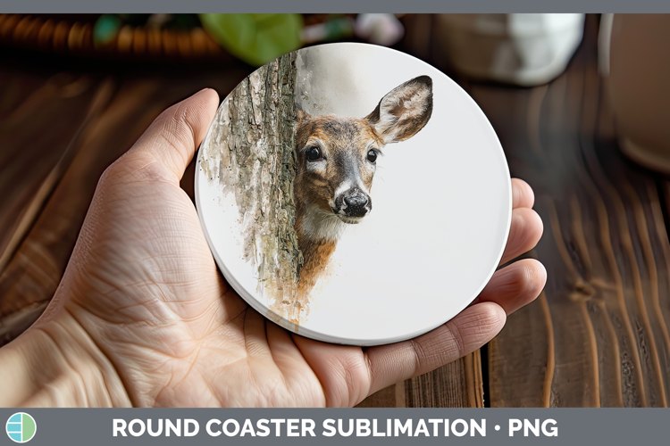 Deer Woodland Tree Peek Round Coaster Sublimation Design