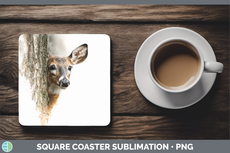 Deer Woodland Tree Peek Square Coaster Sublimation Design