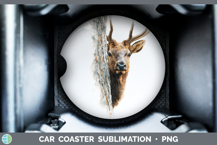 Elk Woodland Tree Peek Car Coaster Sublimation Design