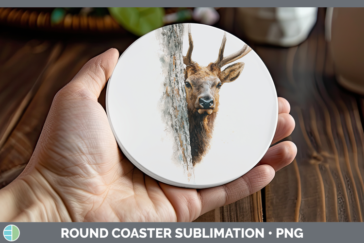 Elk Woodland Tree Peek Round Coaster Sublimation Design