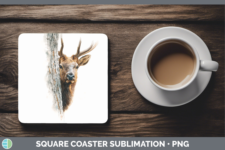 Elk Woodland Tree Peek Square Coaster Sublimation Design