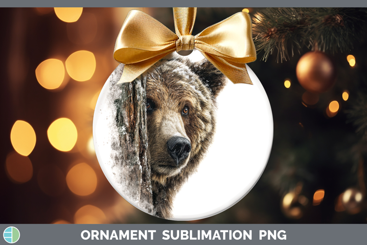 Grizzly Bear Woodland Tree Peek Ornament Sublimation Design