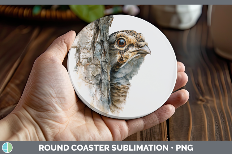 Grouse Woodland Tree Peek Round Coaster Sublimation Design