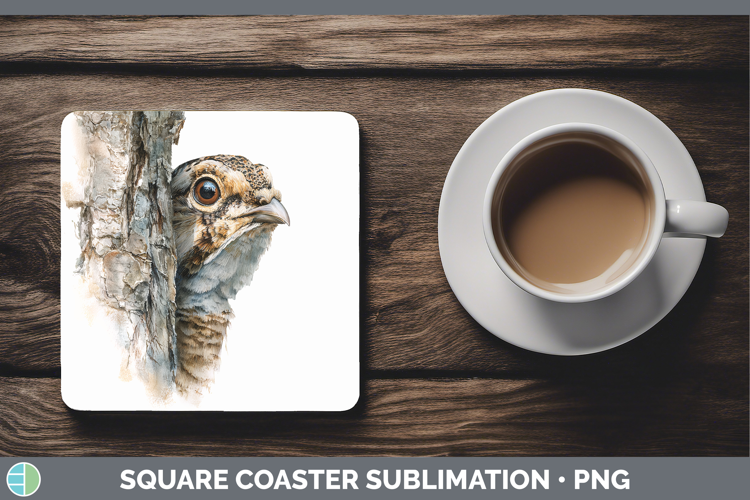 Grouse Woodland Tree Peek Square Coaster Sublimation Design