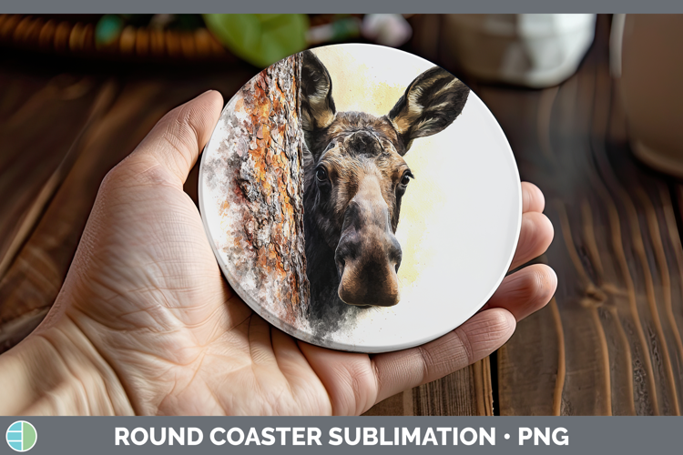 Moose Woodland Tree Peek Round Coaster Sublimation Design