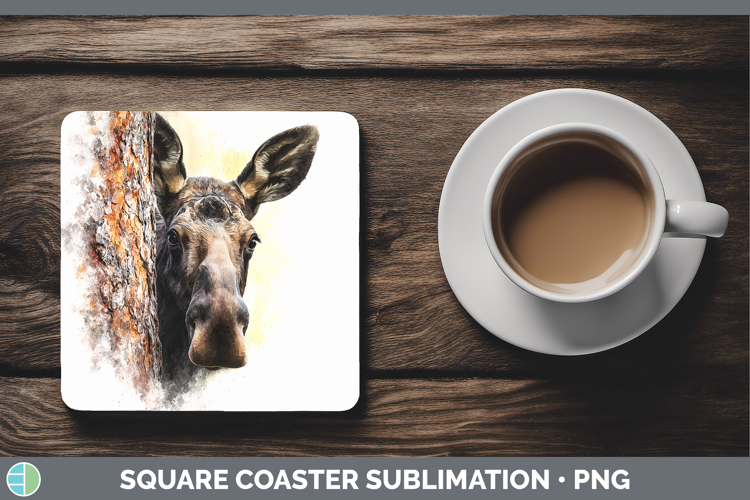 Moose Woodland Tree Peek Square Coaster Sublimation Design