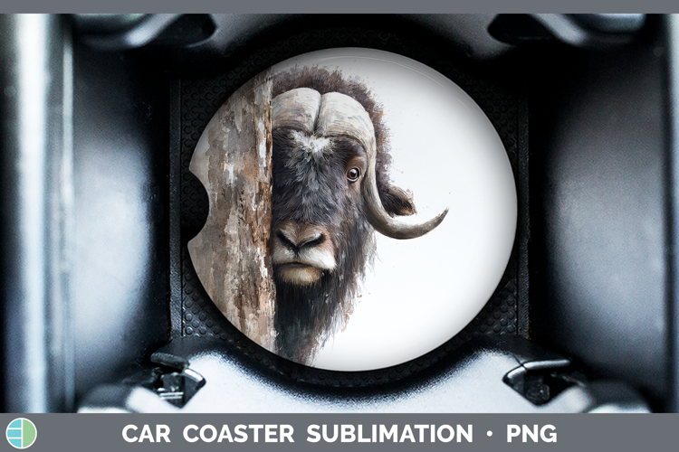 Musk Ox Woodland Tree Peek Car Coaster Sublimation Design