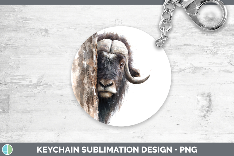 Musk Ox Woodland Tree Peek Keychain Sublimation Design