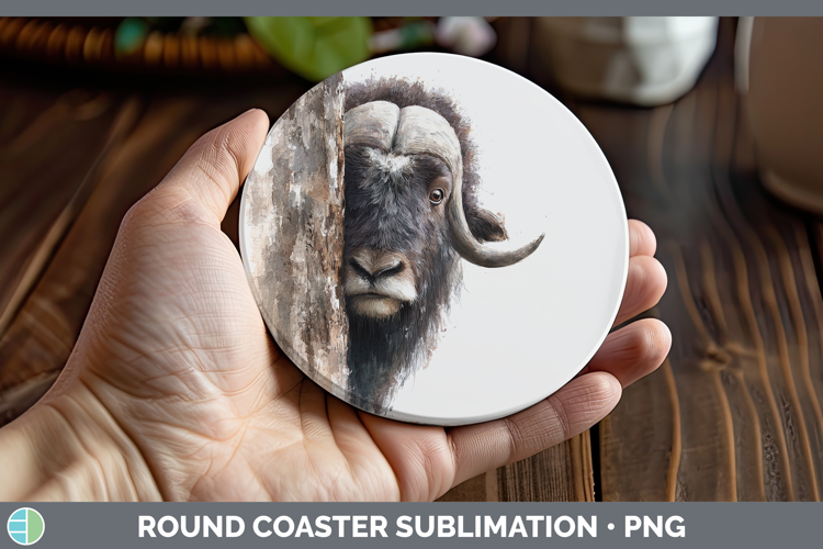 Musk Ox Woodland Tree Peek Round Coaster Sublimation Design