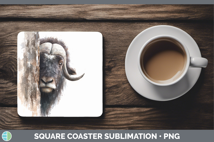 Musk Ox Woodland Tree Peek Square Coaster Sublimation Design
